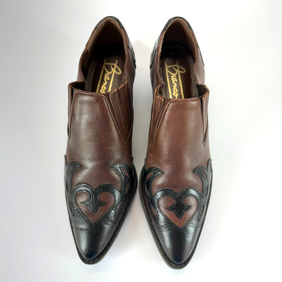 Bianco Ankle Boots Women 7M Brown Cuban Heel Leather Embroidered Western Stitch - Picture 7 of 12